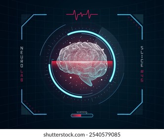 Wireframe of human brain with scanning lines showing research. MRI hud interface. Medical scientific  in human research and healthcare vector illustration.
