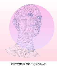Wireframe of human head made of particles. Conceptual image of AI (artificial intelligence), VR (virtual reality), Deep Learning  and Face recognition systems.