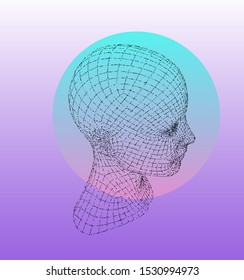 Wireframe of human head made of particles. Conceptual image of AI (artificial intelligence), VR (virtual reality), Deep Learning  and Face recognition systems.