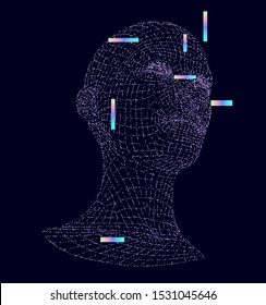Wireframe of human head made of particles. Conceptual image of AI (artificial intelligence), VR (virtual reality), Deep Learning  and Face recognition systems.