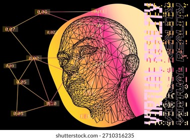 Сyberpunk wireframe human head in profile, glowing in neon pink-to-yellow gradients, surrounded by floating neural-network nodes with decimal values. AI consciousness, digital identity themes.