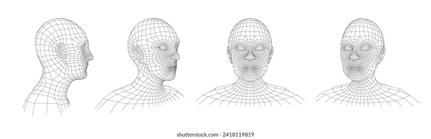 Wireframe human head. Retro wired mesh face, polygonal matrix man portrait and 3D hologram heads vector illustration set with editable stroke paths of head human mesh