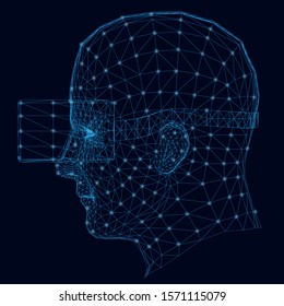 Wireframe of the human head in virtual reality glasses. Side view. The contour of the head from blue lines with luminous lights on a dark background. Vector illustration