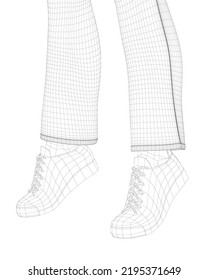 Wireframe of human legs in sneakers and pants from black lines isolated on white background. Side view. 3D. Vector illustration.
