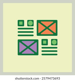Wireframe Icon Depicting Four Content Blocks with Distinct Graphic Elements