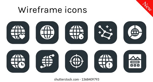wireframe icon set. 10 filled wireframe icons.  Simple modern icons about  - Earth grid, Constellation, Landing page