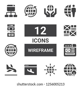 wireframe icon set. Collection of 12 filled wireframe icons included Earth grid, Landing page, Wireframe, Site map