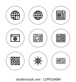 Wireframe icon set. collection of 9 outline wireframe icons with app, earth grid, landing page icons. editable icons.