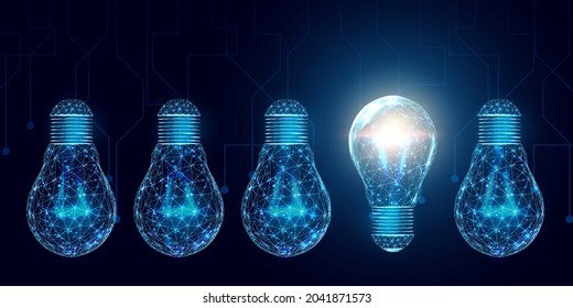 Wireframe illuminated lightbulb in a row of dim ones. Concept for creativity, business idea,   innovation and solution. Modern abstract dark blue background. Vector illustration.