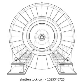 Wire-frame illustration of engine unit oil industry. Created illustration of 3d