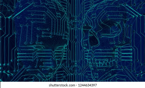 wire-frame illustration of one human face and one skull coming out of a motherboard circuit for virtual reality. representing how technology and artificial intelligence AI can be used