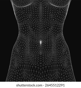 Wireframe ilustração de uma figura feminina esbelta com foco na área da cintura, mostrando linhas geométricas limpas e estética de design digital. A estrutura de malha transparente destaca os pontos anatômicos.