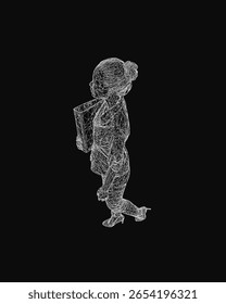 A wireframe illustration of a young girl walking while holding a book, depicted with clean digital lines. The black background emphasizes the minimalist design.