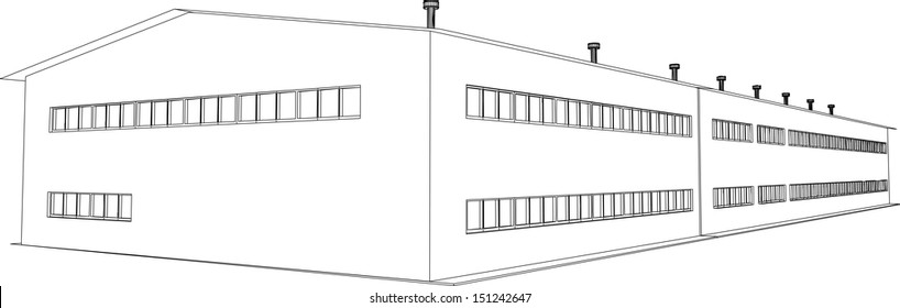 Wire-frame industrial building on the white background. EPS 10 vector format