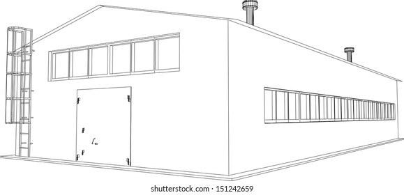 Wire-frame industrial building on the white background. EPS 10 vector format