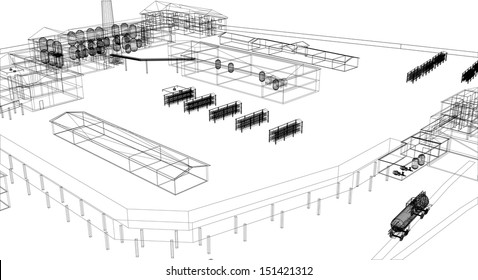 Wire-frame industrial building on the white background. EPS 10 vector format