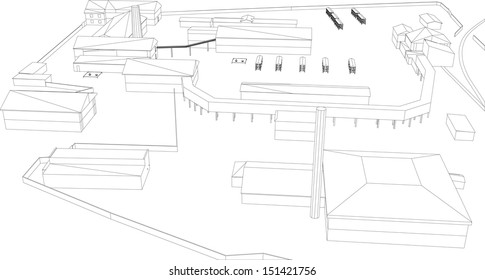 Wire-frame industrial building on the white background. EPS 10 vector format