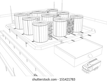 Wire-frame industrial building on the white background. EPS 10 vector format