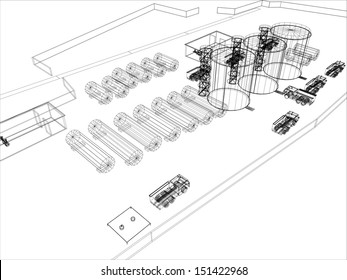 Wire-frame industrial building on the white background. EPS 10 vector format