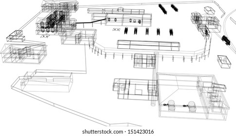 Wire-frame industrial building on the white background. EPS 10 vector format