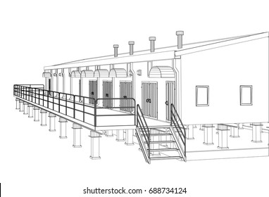 Wire-frame industrial building on the white background. Vector rendering of 3d. Wire-frame style