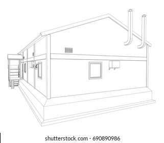 Wire-frame industrial building on the white background. Vector rendering of 3d. Wire-frame style