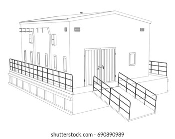 Wire-frame industrial building on the white background. Vector rendering of 3d. Wire-frame style