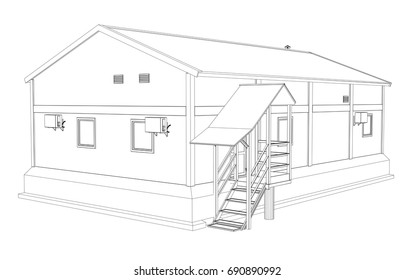 Wire-frame industrial building on the white background. Vector rendering of 3d. Wire-frame style