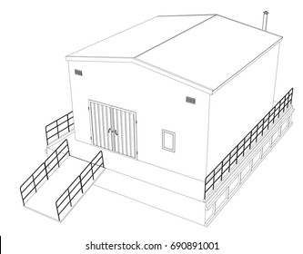 Wire-frame industrial building on the white background. Vector rendering of 3d. Wire-frame style