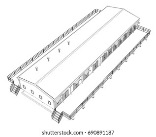Wire-frame industrial building on the white background. Vector rendering of 3d. Wire-frame style