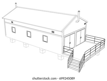 Wire-frame industrial building on the white background. Vector rendering of 3d. Wire-frame style