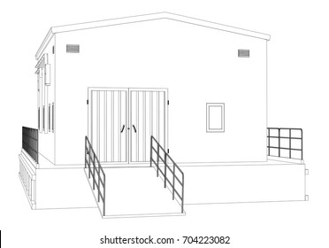 Wire-frame industrial building on the white background. Vector rendering of 3d. Wire-frame style