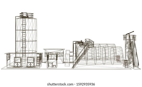 Wireframe of an industrial building with tanks. Side view. Vector illustration