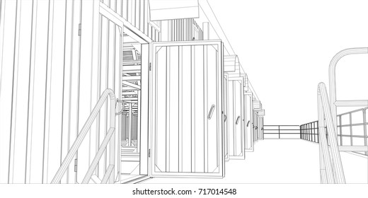 Wire-frame industrial building. Vector rendering of 3d. Wire-frame style