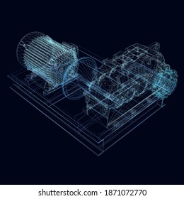 Wireframe of an industrial electric motor made of blue lines on a dark background. 3D. Vector illustration