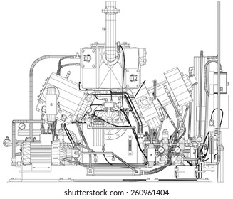 Wire-frame industrial equipment engine. EPS 10 vector format.