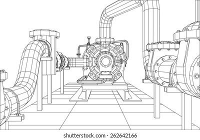 Wire-frame  industrial equipment oil and gas pump. Tracing illustration of 3d. EPS 10 vector format.