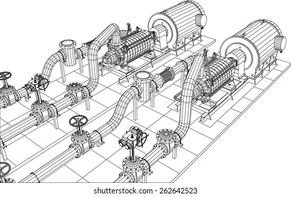 Wire-frame  industrial equipment oil and gas pump. Tracing illustration of 3d. EPS 10 vector format.