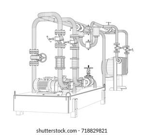 Wire-frame industrial equipment of oil pump. 3D Rendering Vector Illustration