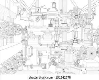 Wire-frame industrial equipment on the white background. EPS 10 vector format