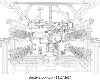 Wire-frame industrial equipment on the white background. EPS 10 vector format