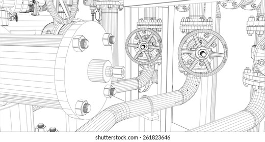 Wire-frame industrial equipment on white background. EPS 10 vector format. Vector rendering of 3d