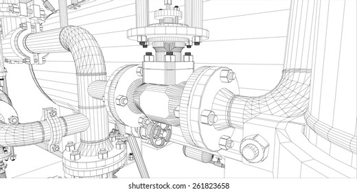 Wire-frame industrial equipment on white background. EPS 10 vector format. Vector rendering of 3d