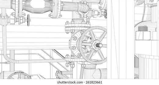 Wire-frame industrial equipment on white background. EPS 10 vector format. Vector rendering of 3d