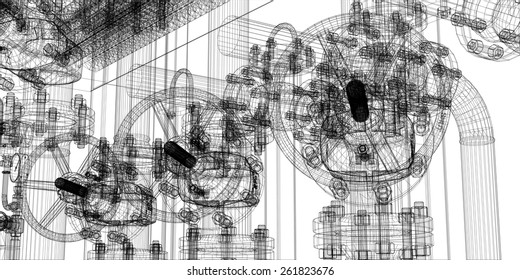 Wire-frame industrial equipment on white background. EPS 10 vector format. Vector rendering of 3d