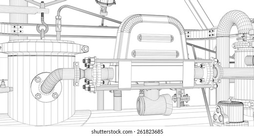 Wire-frame industrial equipment on white background. EPS 10 vector format. Vector rendering of 3d