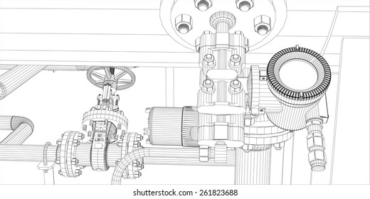 Wire-frame industrial equipment on white background. EPS 10 vector format. Vector rendering of 3d