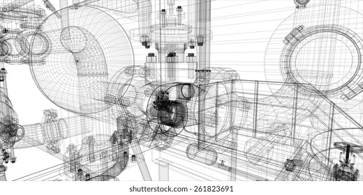 Wire-frame industrial equipment on white background. EPS 10 vector format. Vector rendering of 3d