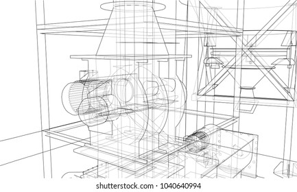 Wire-frame industrial equipment. Vector rendering of 3d. The layers of visible and invisible lines are separated
