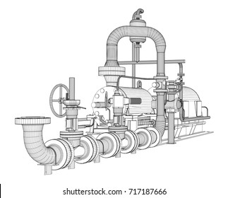 Wire-frame industrial pump. 3D Rendering Vector Illustration